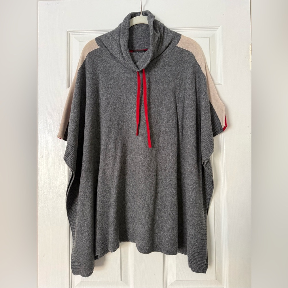 Tahari Charcoal and Cream Poncho with Crimson Accents
